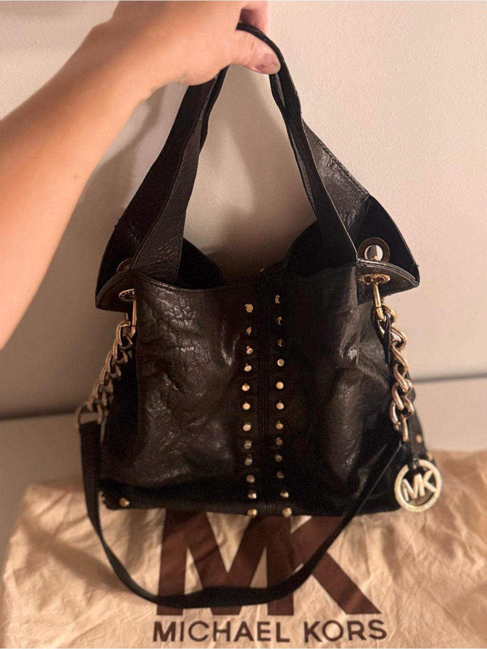 Michael Kors Black Leather Grommet Studded Hobo Bag Gold Hardware